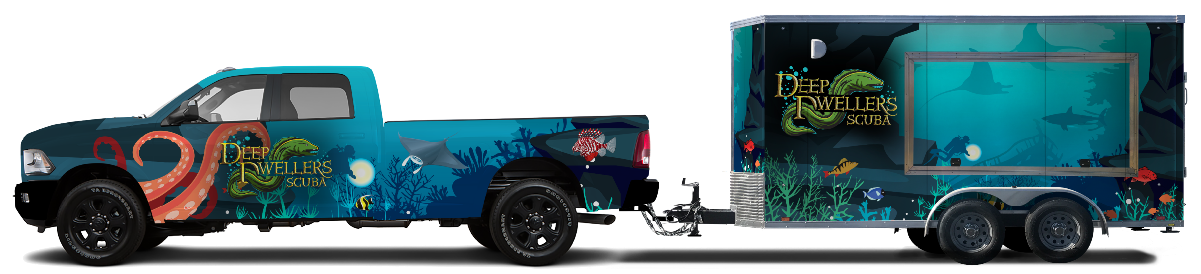 Pickup truck and trailer with aquatic-themed graphics featuring marine life and a logo for Deep Diver's Scuba.