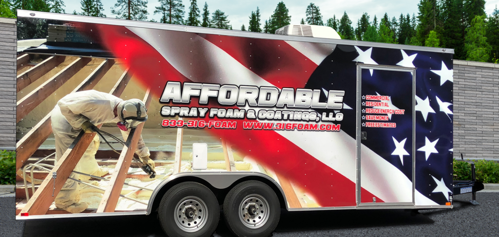 Trailer featuring an American flag design and business branding for Affordable Spray Foam & Coatings, LLC.