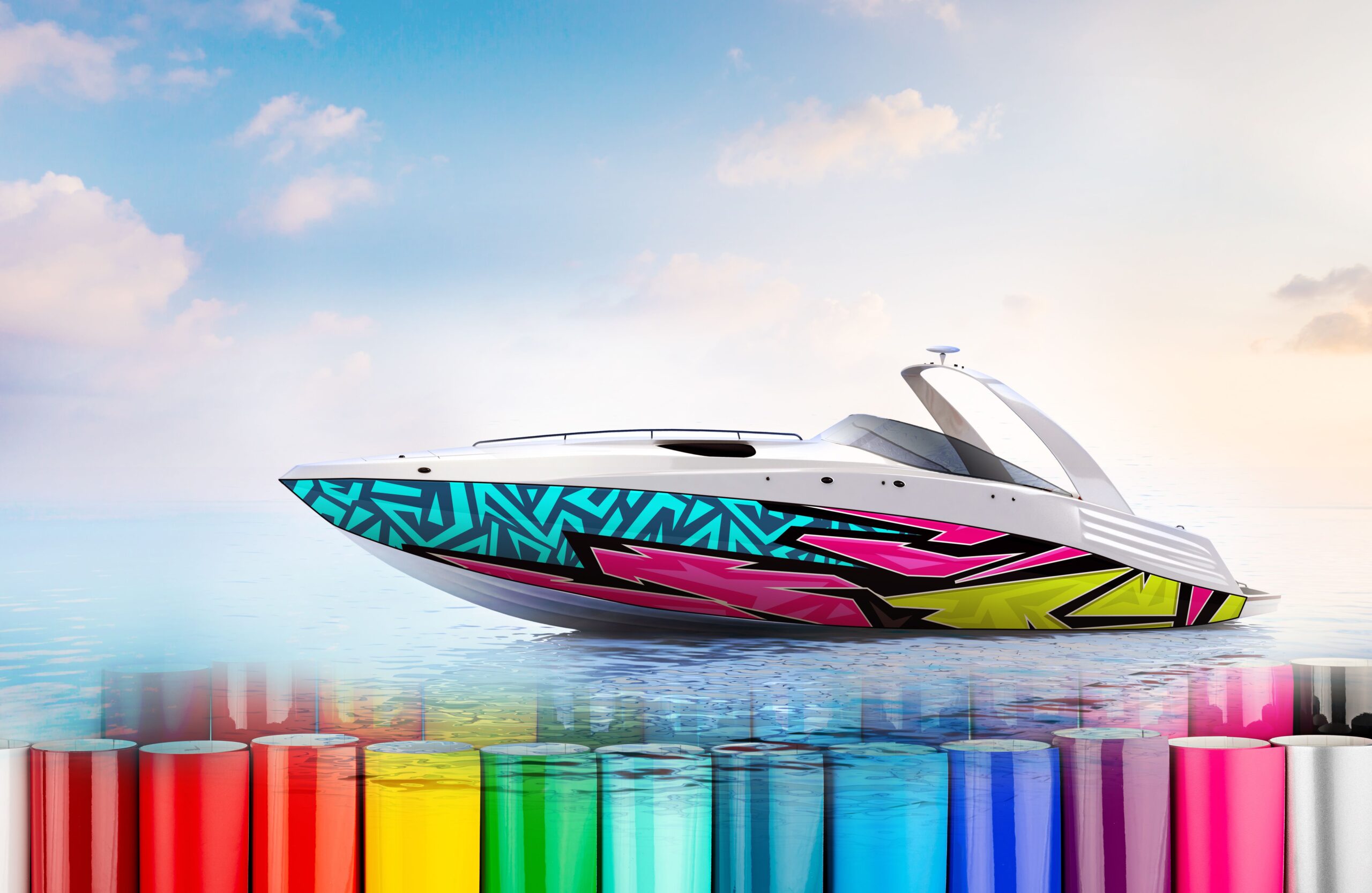Multi-colored full vinyl boat wrap along with a variety of texture and colors that can be designed for a boat Multi-colored full vinyl boat wrap along with a variety of texture and colors that can be designed for a boat. Multi-colored boat wrap materials used for a multi-colored boat wrap designed by Wraps Direct located in Jacksonville, FL