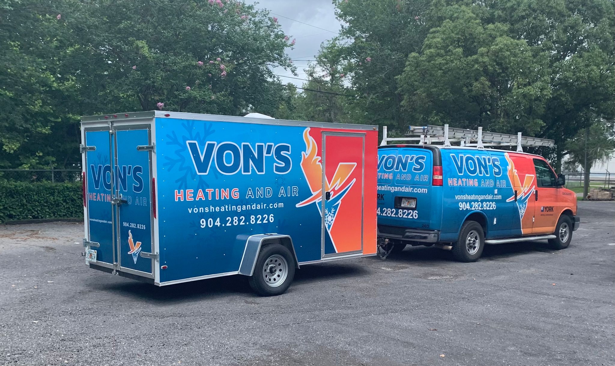 Matching commercial HVAC van and trailer wrapped in customized blue and orange glossy vinyl wraps. "Von's" matching blue and orange HVAC van and trailer wrap designs, created and installed by Wraps Direct.