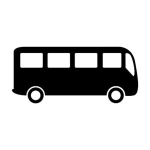 Black silhouette of a bus with windows and wheels on a white background.