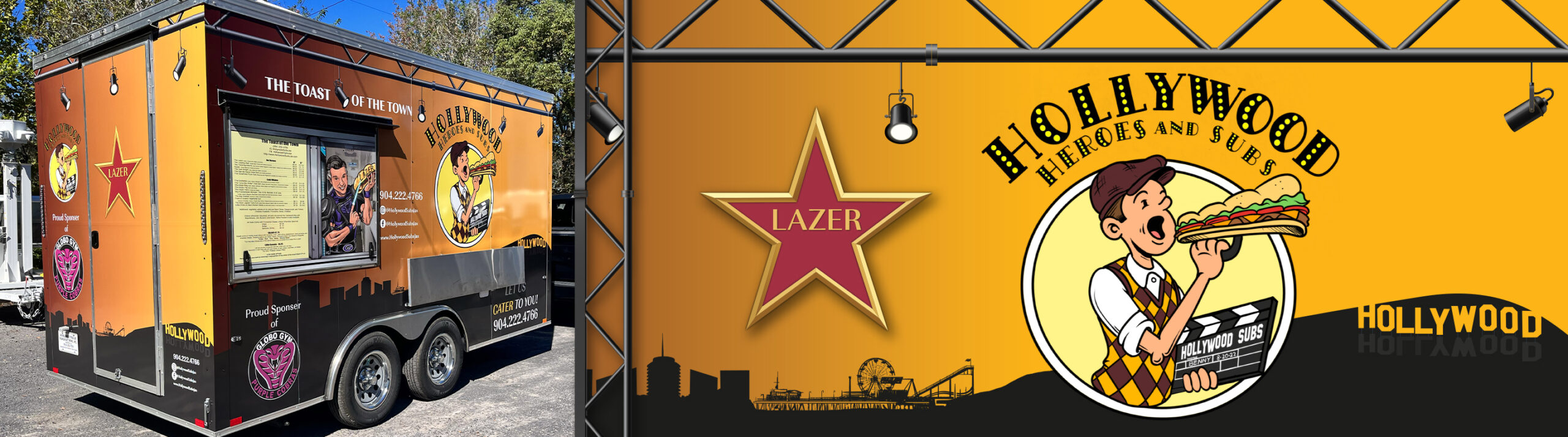 Food truck with a yellow and black design featuring a star and a character holding a sandwich.